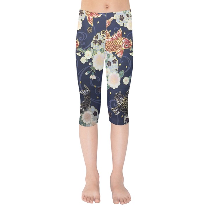 Japanese Wave Koi Illustration Pattern Kids  Capri Leggings 