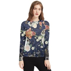 Japanese Wave Koi Illustration Pattern Women s Long Sleeve Rash Guard