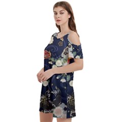 Japanese Wave Koi Illustration Pattern Women s Cold Shoulder Round Neck Mini Dress