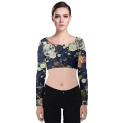 Japanese Wave Koi Illustration Pattern Velvet Long Sleeve Crop Top