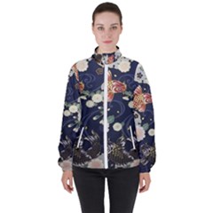 Japanese Wave Koi Illustration Pattern Women s High Neck Windbreaker