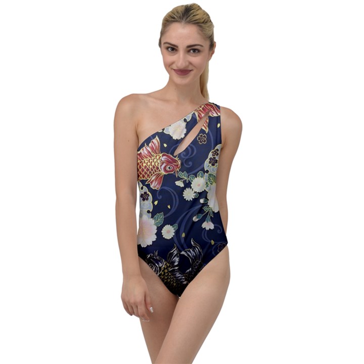 Japanese Wave Koi Illustration Pattern To One Side Swimsuit