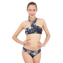 Japanese Wave Koi Illustration Pattern High Neck Bikini Set