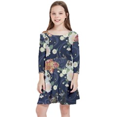 Japanese Wave Koi Illustration Pattern Kids  Quarter Sleeve Skater Dress