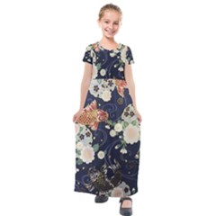 Japanese Wave Koi Illustration Pattern Kids  Short Sleeve Maxi Dress