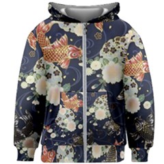 Japanese Wave Koi Illustration Pattern Kids  Zipper Hoodie Without Drawstring