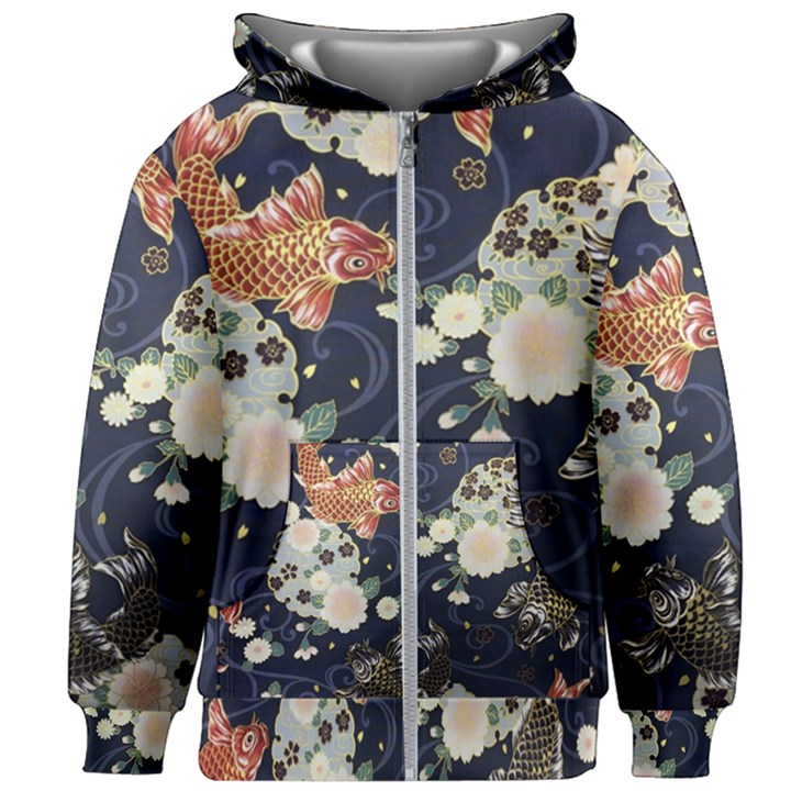 Japanese Wave Koi Illustration Pattern Kids  Zipper Hoodie Without Drawstring