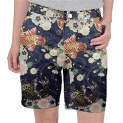 Japanese Wave Koi Illustration Pattern Women s Pocket Shorts