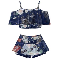 Japanese Wave Koi Illustration Pattern Kids  Off Shoulder Skirt Bikini