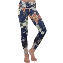 Japanese Wave Koi Illustration Pattern Kids  Lightweight Velour Classic Yoga Leggings