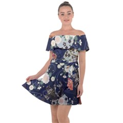 Japanese Wave Koi Illustration Pattern Off Shoulder Velour Dress