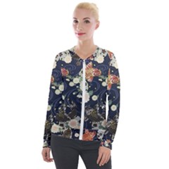 Japanese Wave Koi Illustration Pattern Velvet Zip Up Jacket