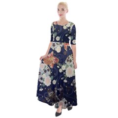 Japanese Wave Koi Illustration Pattern Half Sleeves Maxi Dress