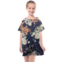 Japanese Wave Koi Illustration Pattern Kids  One Piece Chiffon Dress