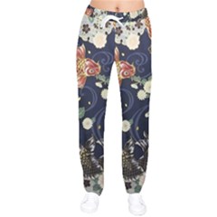 Japanese Wave Koi Illustration Pattern Women Velvet Drawstring Pants