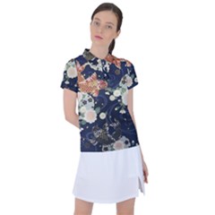 Japanese Wave Koi Illustration Pattern Women s Polo T-shirt