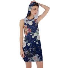 Japanese Wave Koi Illustration Pattern Racer Back Hoodie Dress