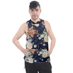 Japanese Wave Koi Illustration Pattern Men s Sleeveless Hoodie