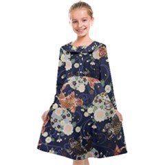 Japanese Wave Koi Illustration Pattern Kids  Midi Sailor Dress