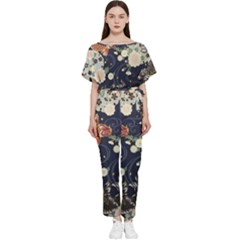 Japanese Wave Koi Illustration Pattern Batwing Lightweight Chiffon Jumpsuit