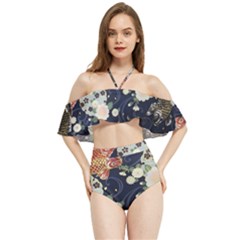 Japanese Wave Koi Illustration Pattern Halter Flowy Bikini Set 