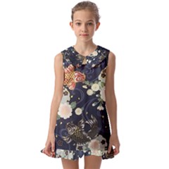 Japanese Wave Koi Illustration Pattern Kids  Pilgrim Collar Ruffle Hem Dress