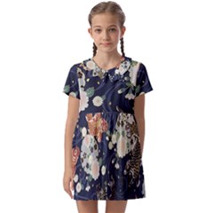 Japanese Wave Koi Illustration Pattern Kids  Asymmetric Collar Dress