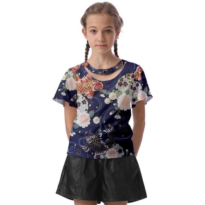 Japanese Wave Koi Illustration Pattern Kids  Front Cut T-Shirt