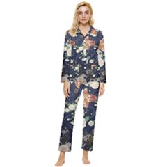 Japanese Wave Koi Illustration Pattern Womens  Long Sleeve Velvet Pocket Pajamas Set