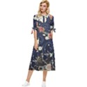 Japanese Wave Koi Illustration Pattern Bow Sleeve Chiffon Midi Dress View1