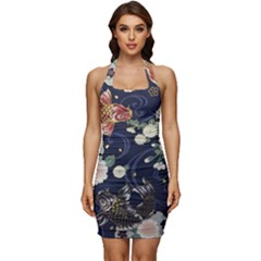 Japanese Wave Koi Illustration Pattern Sleeveless Wide Square Neckline Ruched Bodycon Dress