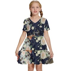 Japanese Wave Koi Illustration Pattern Kids  Short Sleeve Tiered Mini Dress