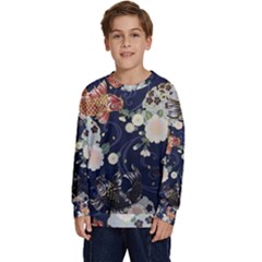 Japanese Wave Koi Illustration Pattern Kids  Crewneck Sweatshirt