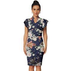 Japanese Wave Koi Illustration Pattern Vintage Frill Sleeve V-neck Bodycon Dress