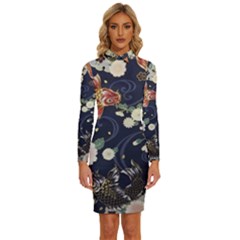 Japanese Wave Koi Illustration Pattern Long Sleeve Shirt Collar Bodycon Dress