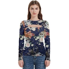 Japanese Wave Koi Illustration Pattern Women s Cut Out Long Sleeve T-shirt