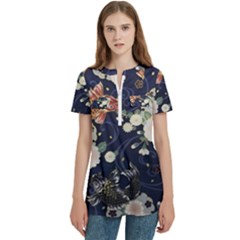 Japanese Wave Koi Illustration Pattern Women s Zip Front V-neck Short Sleeve Casual Top Pocket Shirt