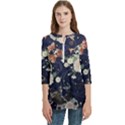 Japanese Wave Koi Illustration Pattern Women s Zip Front V-Neck 3/4 Sleeve Casual Top Pocket Shirt View1