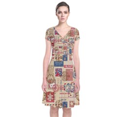 Letters Writing Paper Text Pattern Short Sleeve Front Wrap Dress