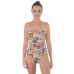 Letters Writing Paper Text Pattern Tie Back One Piece Swimsuit