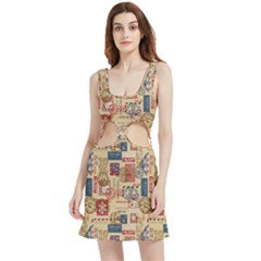 Letters Writing Paper Text Pattern Velour Cutout Dress