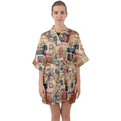 Letters Writing Paper Text Pattern Half Sleeve Satin Kimono  by Apenda