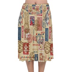 Letters Writing Paper Text Pattern Velvet Flared Midi Skirt