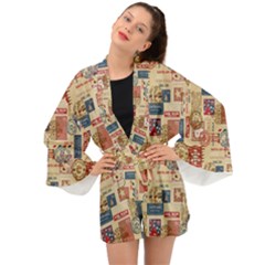 Letters Writing Paper Text Pattern Long Sleeve Kimono