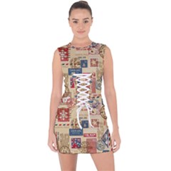 Letters Writing Paper Text Pattern Lace Up Front Bodycon Dress