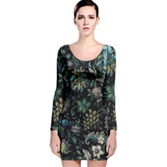 Pattern Flowers Plants Leaves Long Sleeve Velvet Bodycon Dress