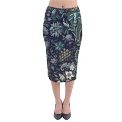 Pattern Flowers Plants Leaves Velvet Midi Pencil Skirt