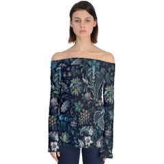 Pattern Flowers Plants Leaves Off Shoulder Long Sleeve Top