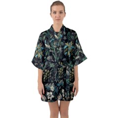 Pattern Flowers Plants Leaves Half Sleeve Satin Kimono 