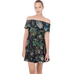 Pattern Flowers Plants Leaves Off Shoulder Chiffon Dress by Posterlux